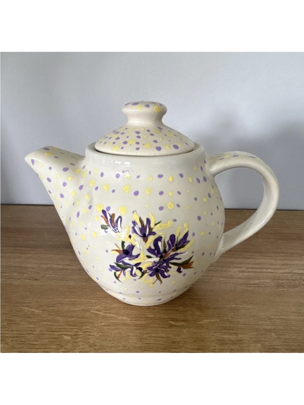 Hand-Painted Cream Ceramic Teapot with Purple and Yellow Floral Design